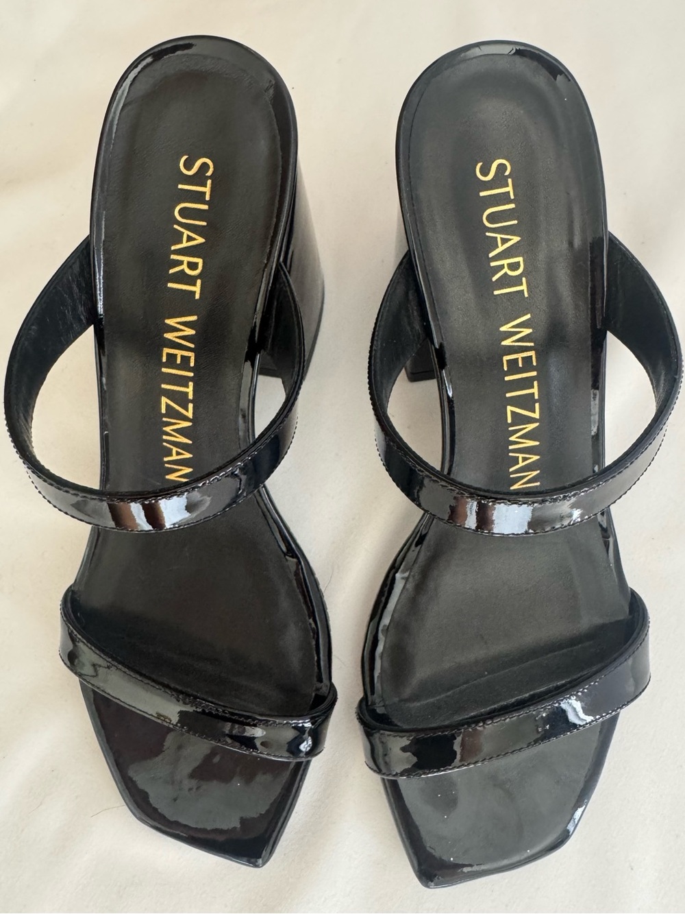 Stuart Weitzman Black Patent Leather Double-Strap Slide Mules Block Heels 6